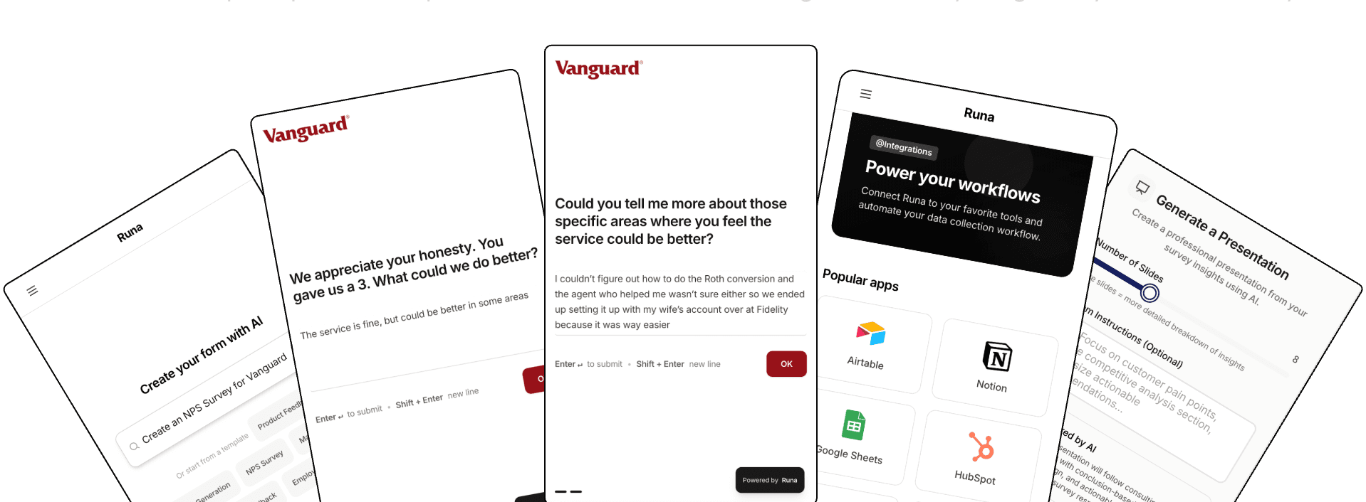 Runa features showcase - form creation, AI follow-ups, integrations, and presentations